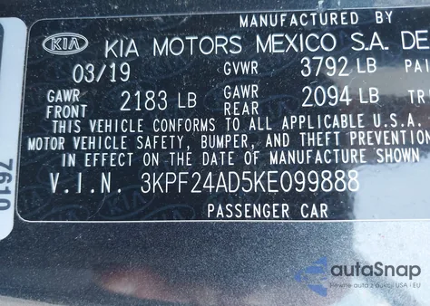 2019 Kia Forte Lxs from USA, damaged, VIN 3KPF24AD5KE099888